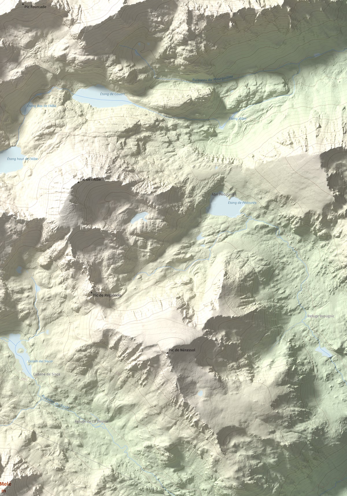 Mapa de relieve de Roc Melé, 2811 m, Andorra, lámina 100 Cims de Trobart. Detalle de la zona superior derecha. 70 × 100 cm.