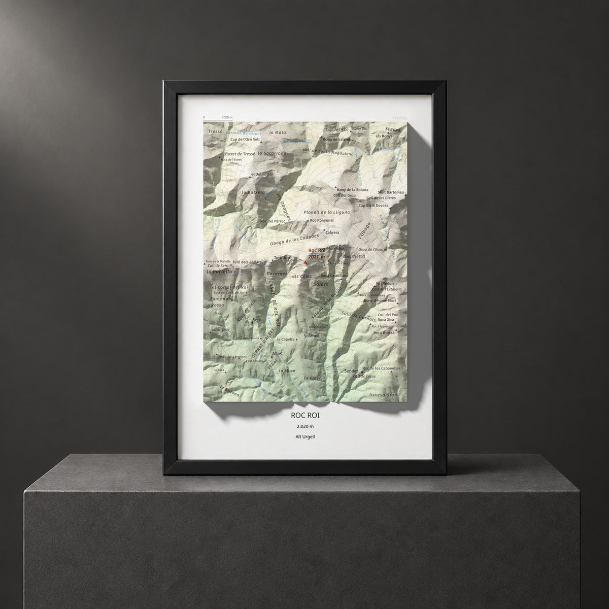 Mapa de relieve de Roc Roi, 2020 m, Alt Urgell, lámina 100 Cims de Trobart. Presentación enmarcada. 21 × 30 cm.