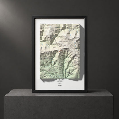 Mapa de relieve de Roc Roi, 2020 m, Alt Urgell, lámina 100 Cims de Trobart. Presentación enmarcada. 21 × 30 cm.