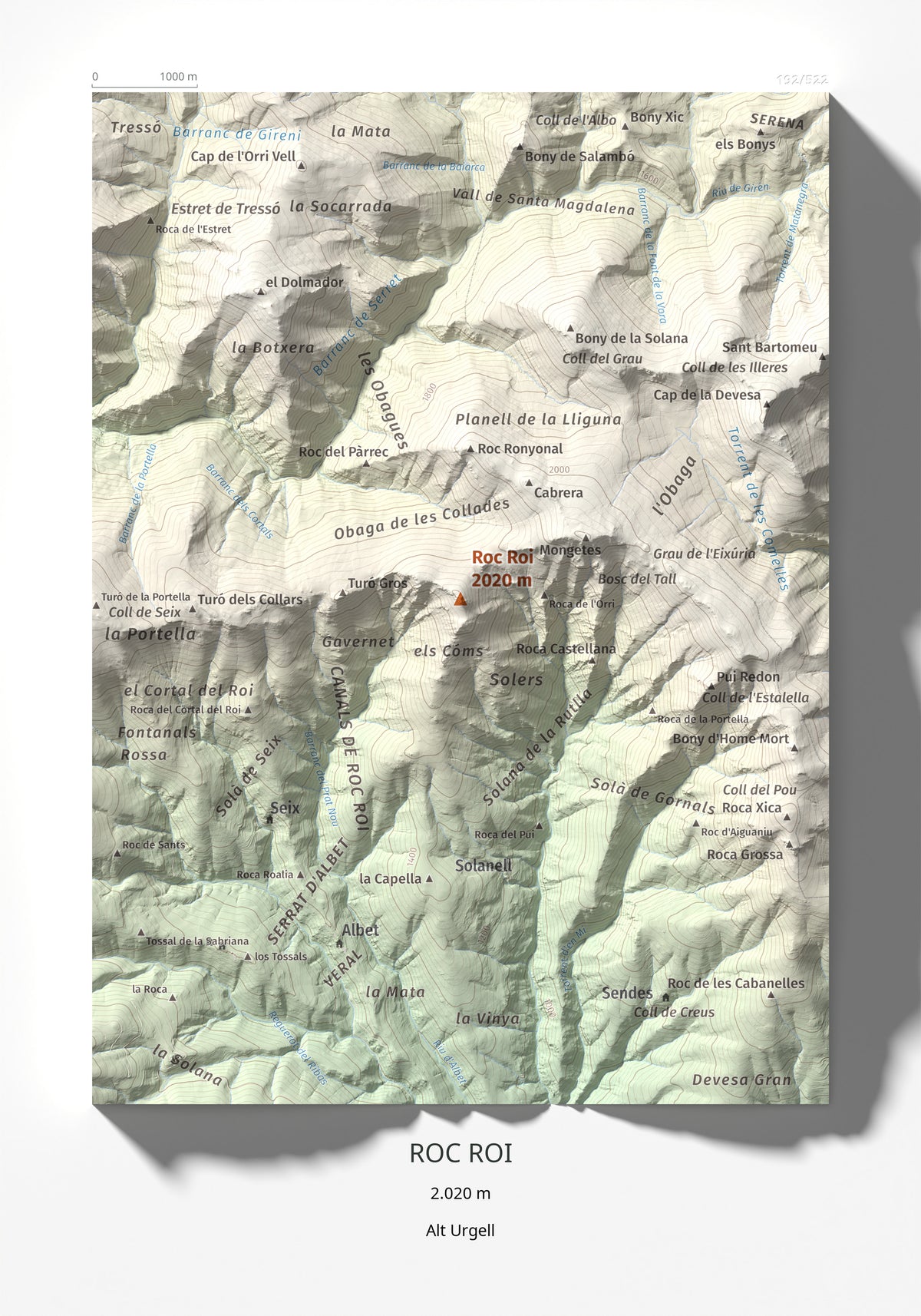 Mapa de relieve de Roc Roi, 2020 m, Alt Urgell, lámina 100 Cims de Trobart 21 × 30 cm.