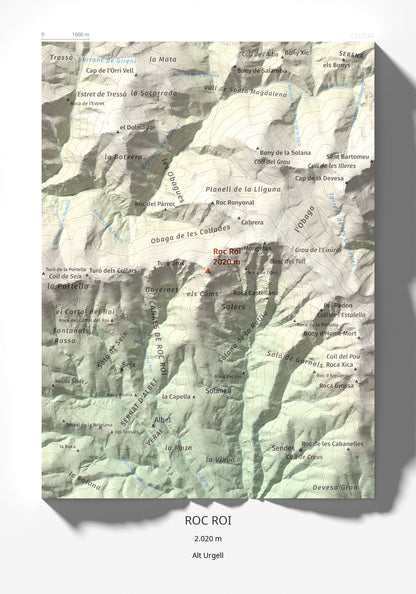 Mapa de relieve de Roc Roi, 2020 m, Alt Urgell, lámina 100 Cims de Trobart 21 × 30 cm.