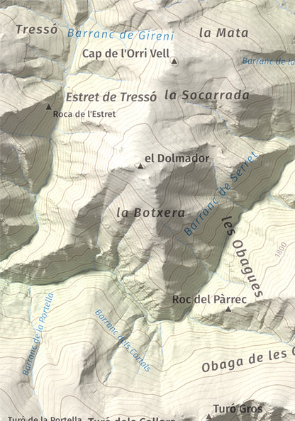 Mapa de relieve de Roc Roi, 2020 m, Alt Urgell, lámina 100 Cims de Trobart. Detalle de la zona superior izquierda. 21 × 30 cm.