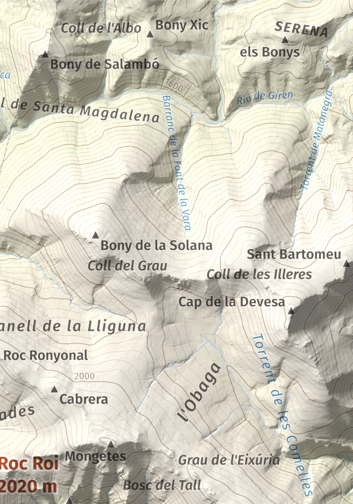 Mapa de relieve de Roc Roi, 2020 m, Alt Urgell, lámina 100 Cims de Trobart. Detalle de la zona superior derecha. 21 × 30 cm.