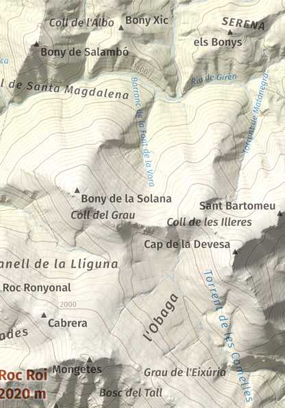 Mapa de relieve de Roc Roi, 2020 m, Alt Urgell, lámina 100 Cims de Trobart. Detalle de la zona superior derecha. 21 × 30 cm.