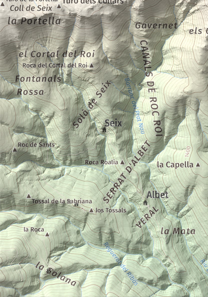 Mapa de relieve de Roc Roi, 2020 m, Alt Urgell, lámina 100 Cims de Trobart. Detalle de la zona inferior izquierda. 21 × 30 cm.