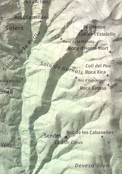 Mapa de relieve de Roc Roi, 2020 m, Alt Urgell, lámina 100 Cims de Trobart. Detalle de la zona inferior derecha. 21 × 30 cm.