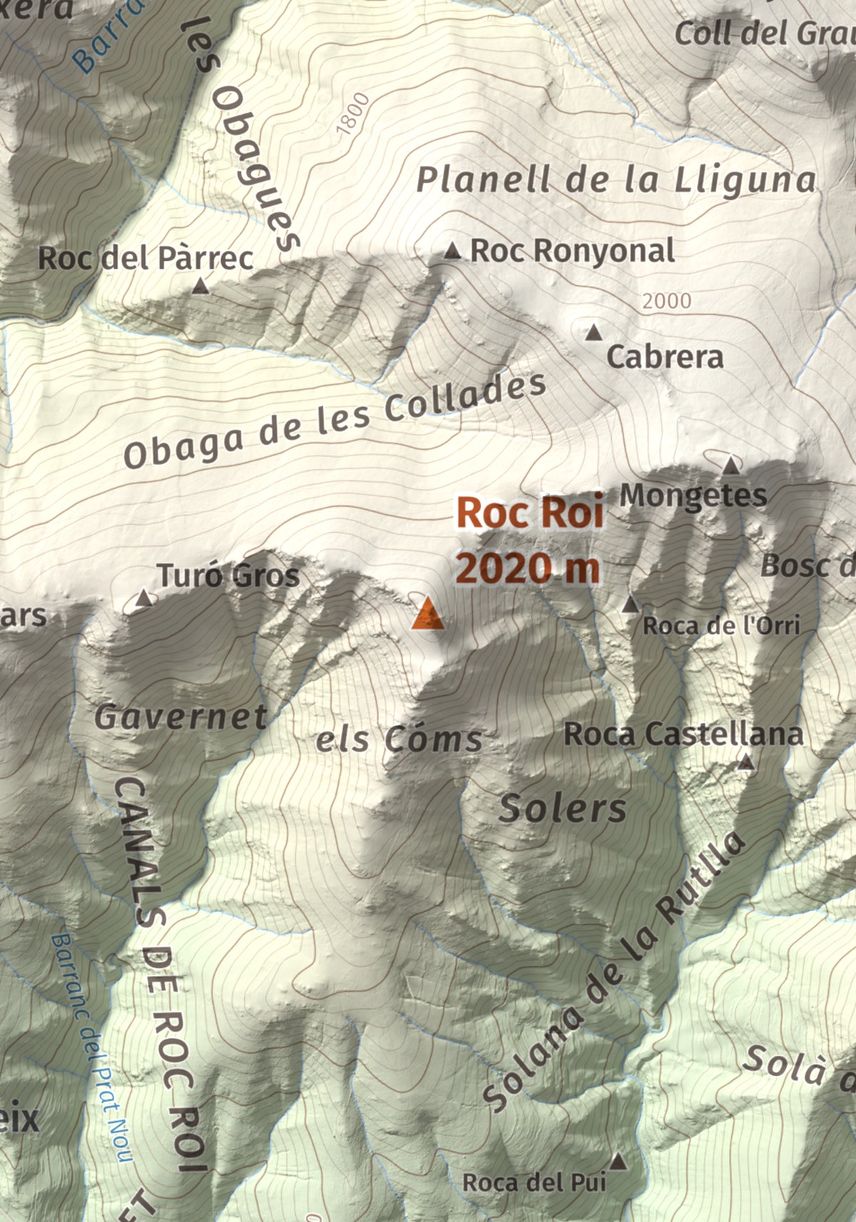 Mapa de relieve de Roc Roi, 2020 m, Alt Urgell, lámina 100 Cims de Trobart. Detalle de la zona central. 21 × 30 cm.