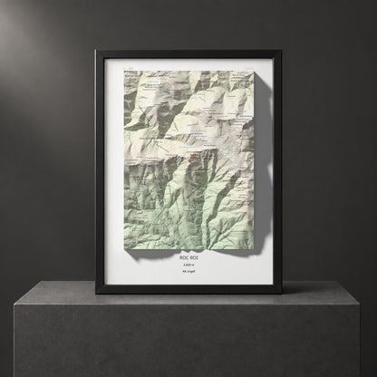 Mapa de relieve de Roc Roi, 2020 m, Alt Urgell, lámina 100 Cims de Trobart. Presentación enmarcada. 30 × 40 cm.
