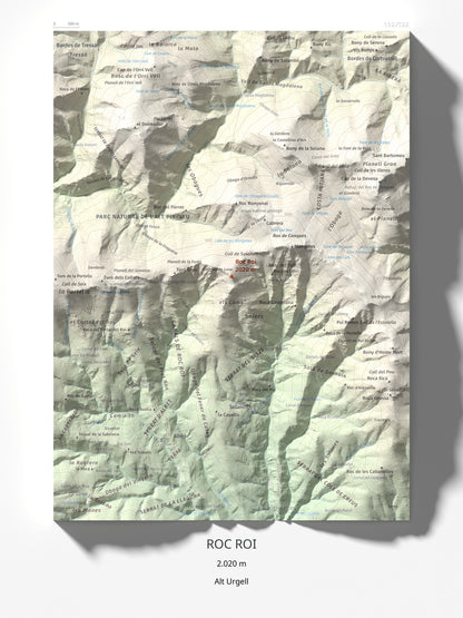 Mapa de relieve de Roc Roi, 2020 m, Alt Urgell, lámina 100 Cims de Trobart 30 × 40 cm.