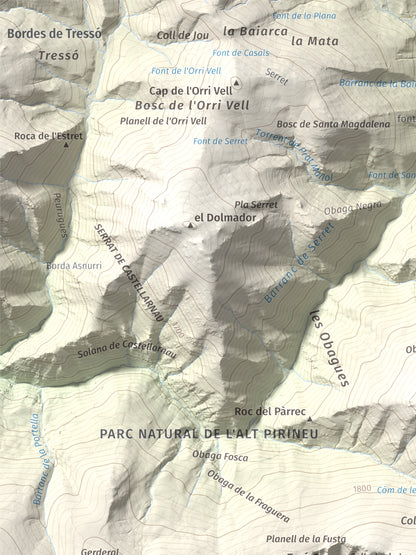Mapa de relieve de Roc Roi, 2020 m, Alt Urgell, lámina 100 Cims de Trobart. Detalle de la zona superior izquierda. 30 × 40 cm.