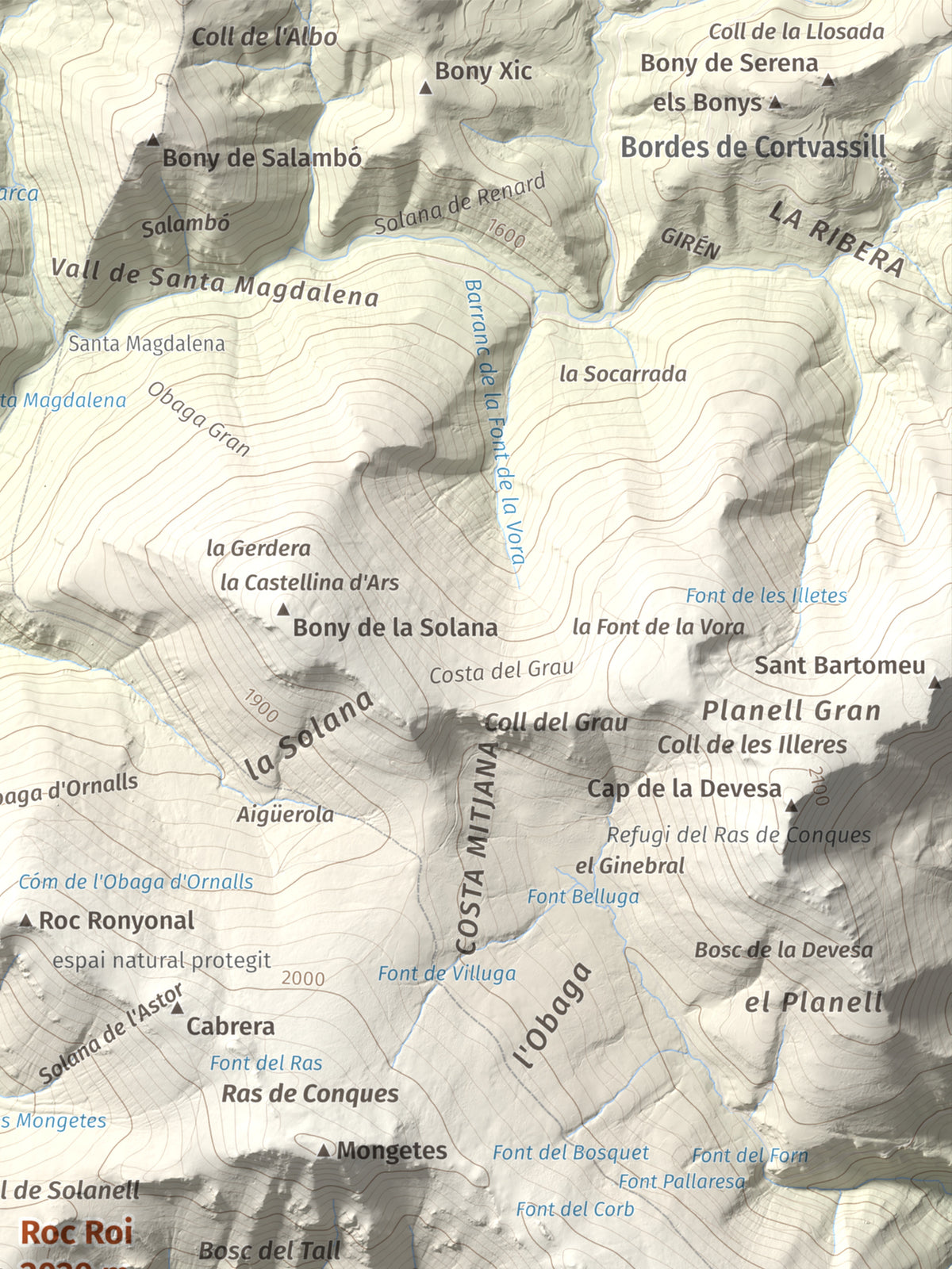 Mapa de relieve de Roc Roi, 2020 m, Alt Urgell, lámina 100 Cims de Trobart. Detalle de la zona superior derecha. 30 × 40 cm.