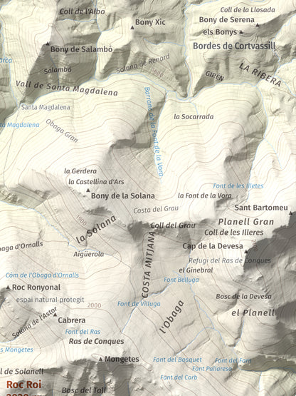 Mapa de relieve de Roc Roi, 2020 m, Alt Urgell, lámina 100 Cims de Trobart. Detalle de la zona superior derecha. 30 × 40 cm.