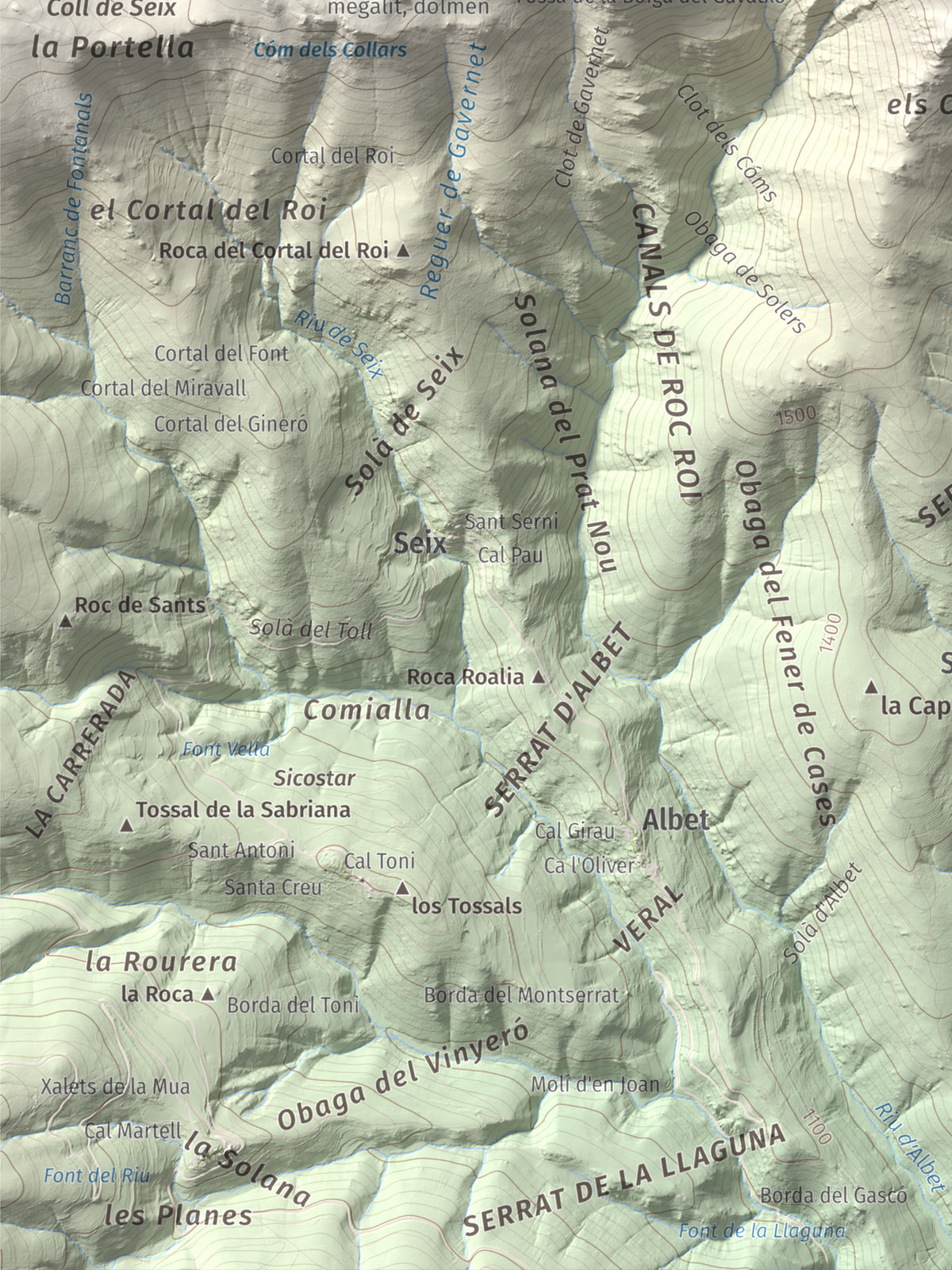 Mapa de relieve de Roc Roi, 2020 m, Alt Urgell, lámina 100 Cims de Trobart. Detalle de la zona inferior izquierda. 30 × 40 cm.
