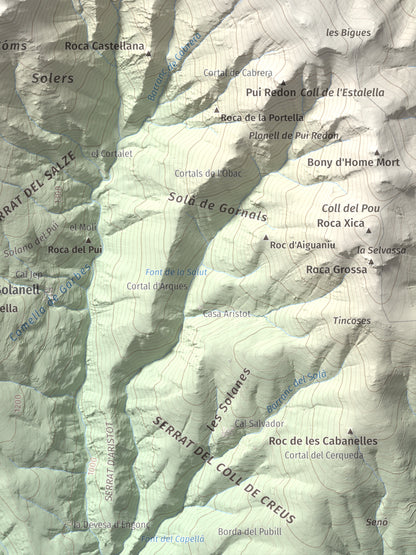 Mapa de relieve de Roc Roi, 2020 m, Alt Urgell, lámina 100 Cims de Trobart. Detalle de la zona inferior derecha. 30 × 40 cm.