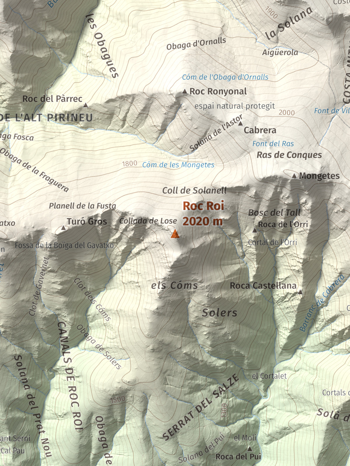 Mapa de relieve de Roc Roi, 2020 m, Alt Urgell, lámina 100 Cims de Trobart. Detalle de la zona central. 30 × 40 cm.