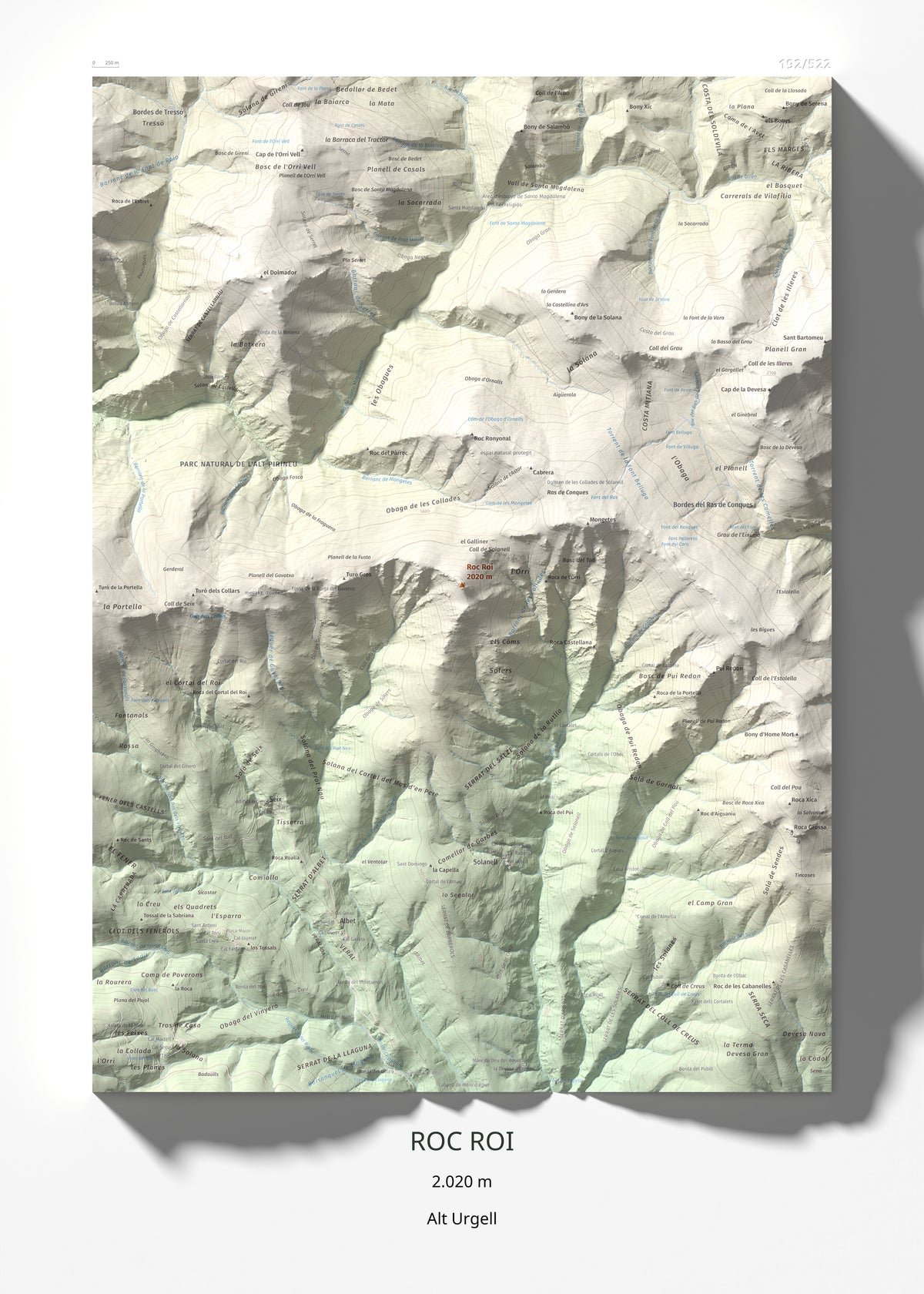 Mapa de relieve de Roc Roi, 2020 m, Alt Urgell, lámina 100 Cims de Trobart 50 × 70 cm.
