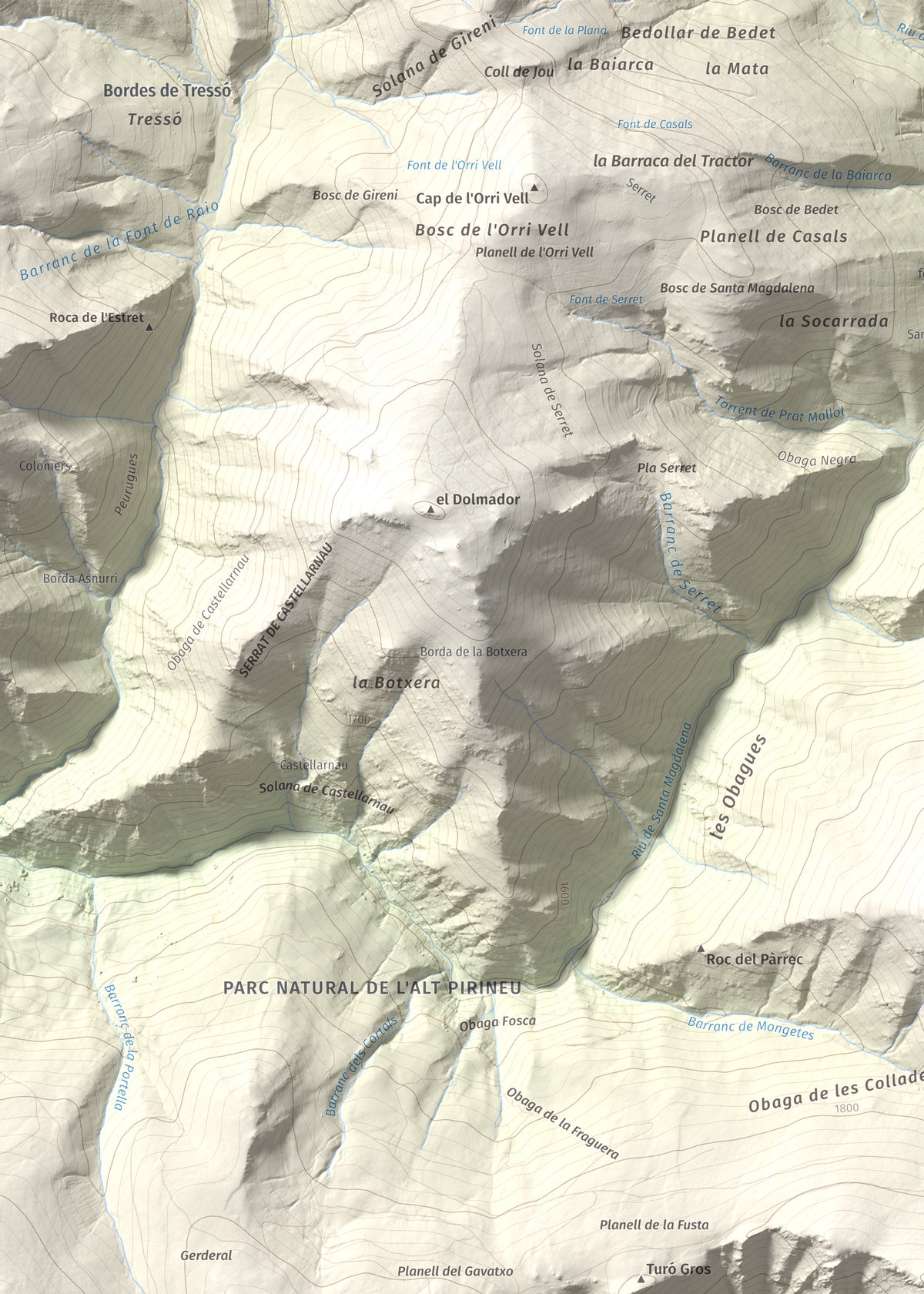 Mapa de relieve de Roc Roi, 2020 m, Alt Urgell, lámina 100 Cims de Trobart. Detalle de la zona superior izquierda. 50 × 70 cm.
