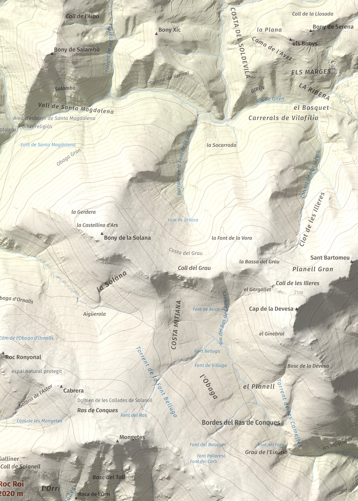 Mapa de relieve de Roc Roi, 2020 m, Alt Urgell, lámina 100 Cims de Trobart. Detalle de la zona superior derecha. 50 × 70 cm.