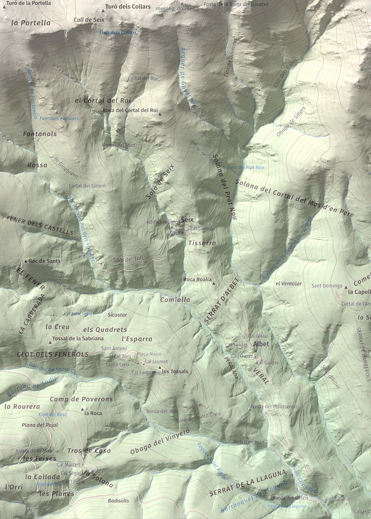 Mapa de relieve de Roc Roi, 2020 m, Alt Urgell, lámina 100 Cims de Trobart. Detalle de la zona inferior izquierda. 50 × 70 cm.