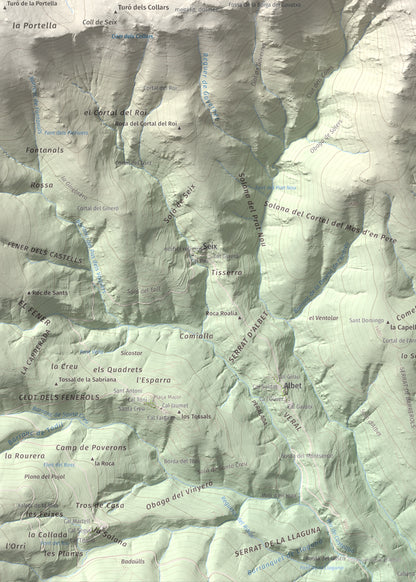 Mapa de relieve de Roc Roi, 2020 m, Alt Urgell, lámina 100 Cims de Trobart. Detalle de la zona inferior izquierda. 50 × 70 cm.