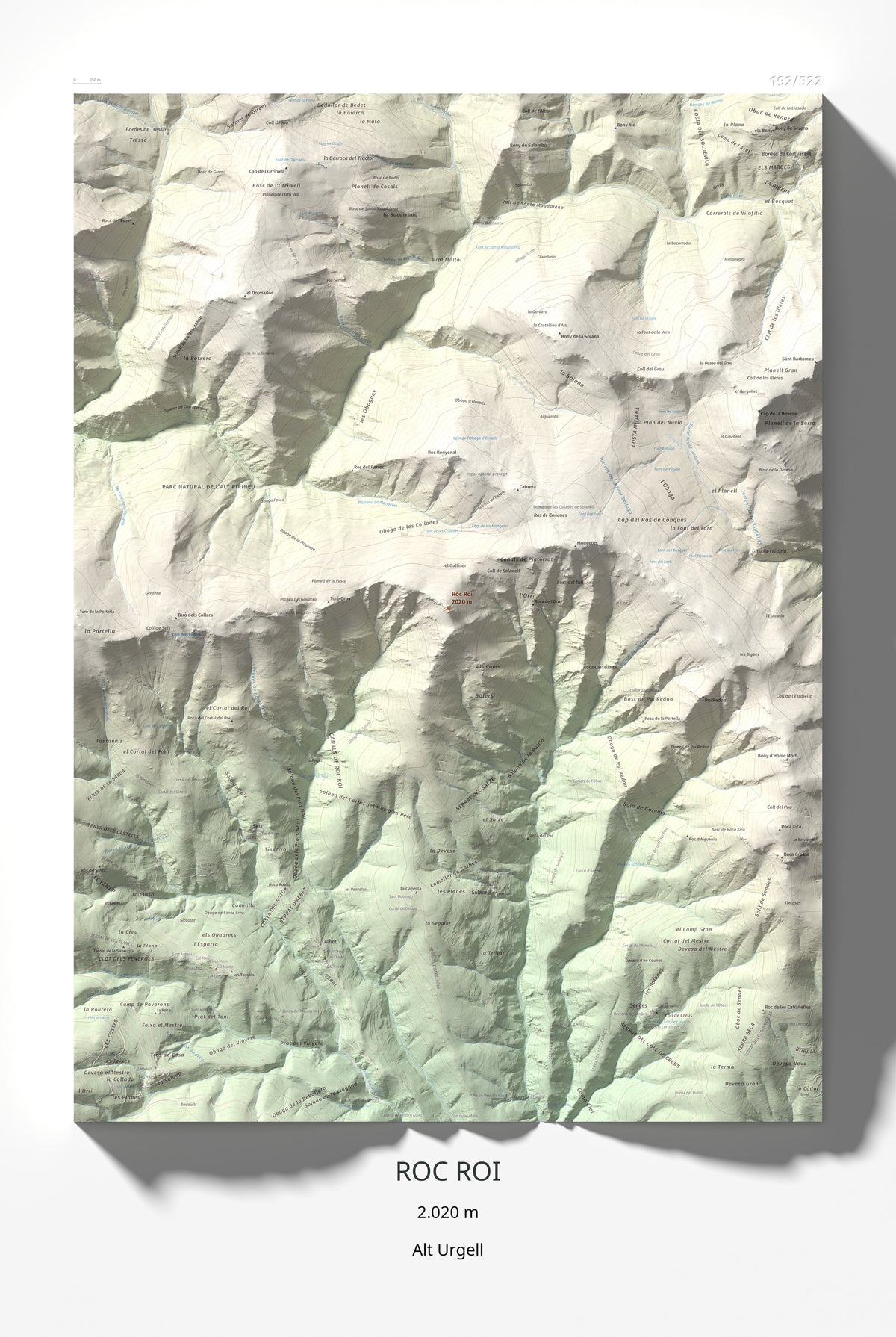 Mapa de relieve de Roc Roi, 2020 m, Alt Urgell, lámina 100 Cims de Trobart 61 × 91 cm.