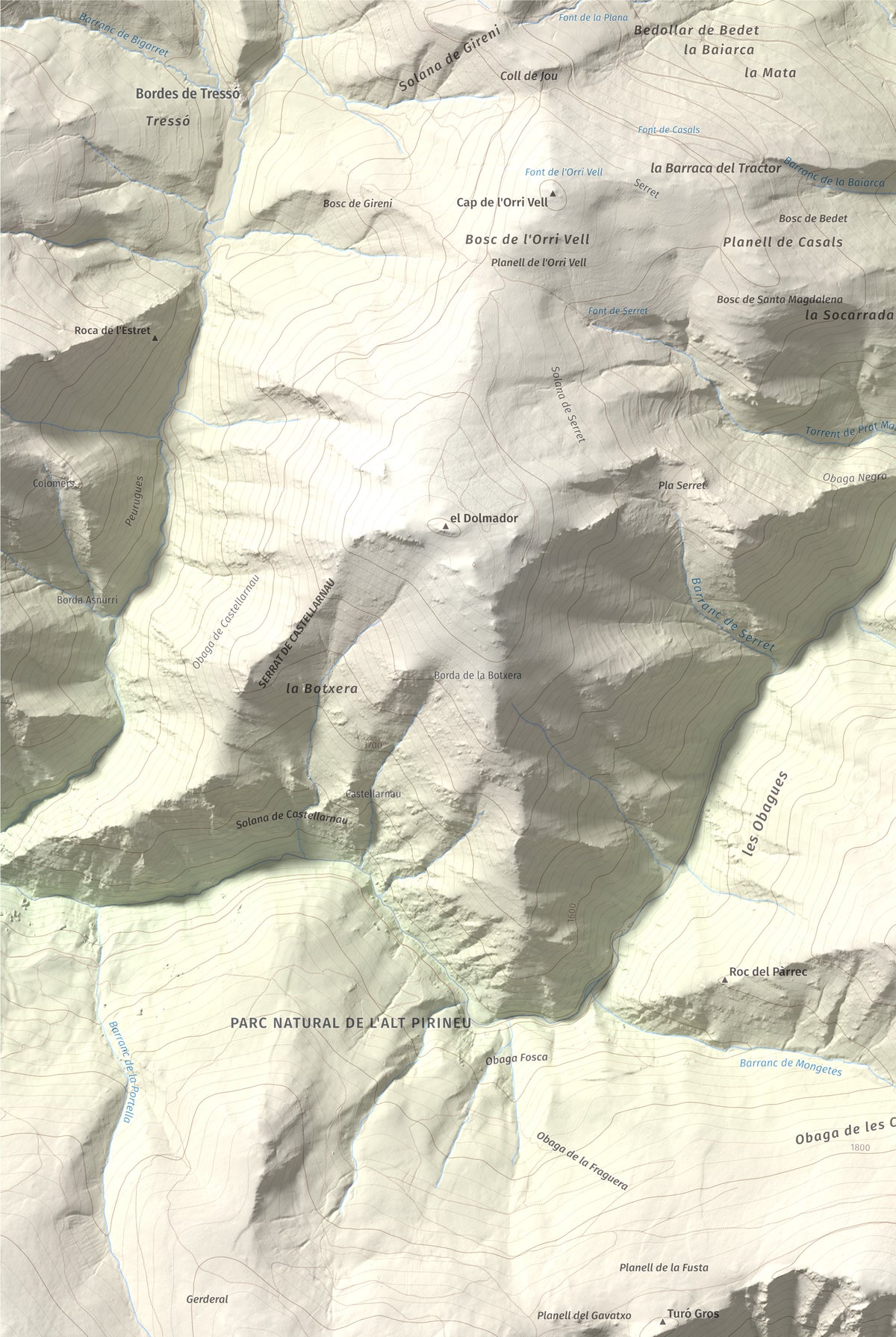 Mapa de relieve de Roc Roi, 2020 m, Alt Urgell, lámina 100 Cims de Trobart. Detalle de la zona superior izquierda. 61 × 91 cm.