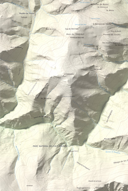 Mapa de relieve de Roc Roi, 2020 m, Alt Urgell, lámina 100 Cims de Trobart. Detalle de la zona superior izquierda. 61 × 91 cm.