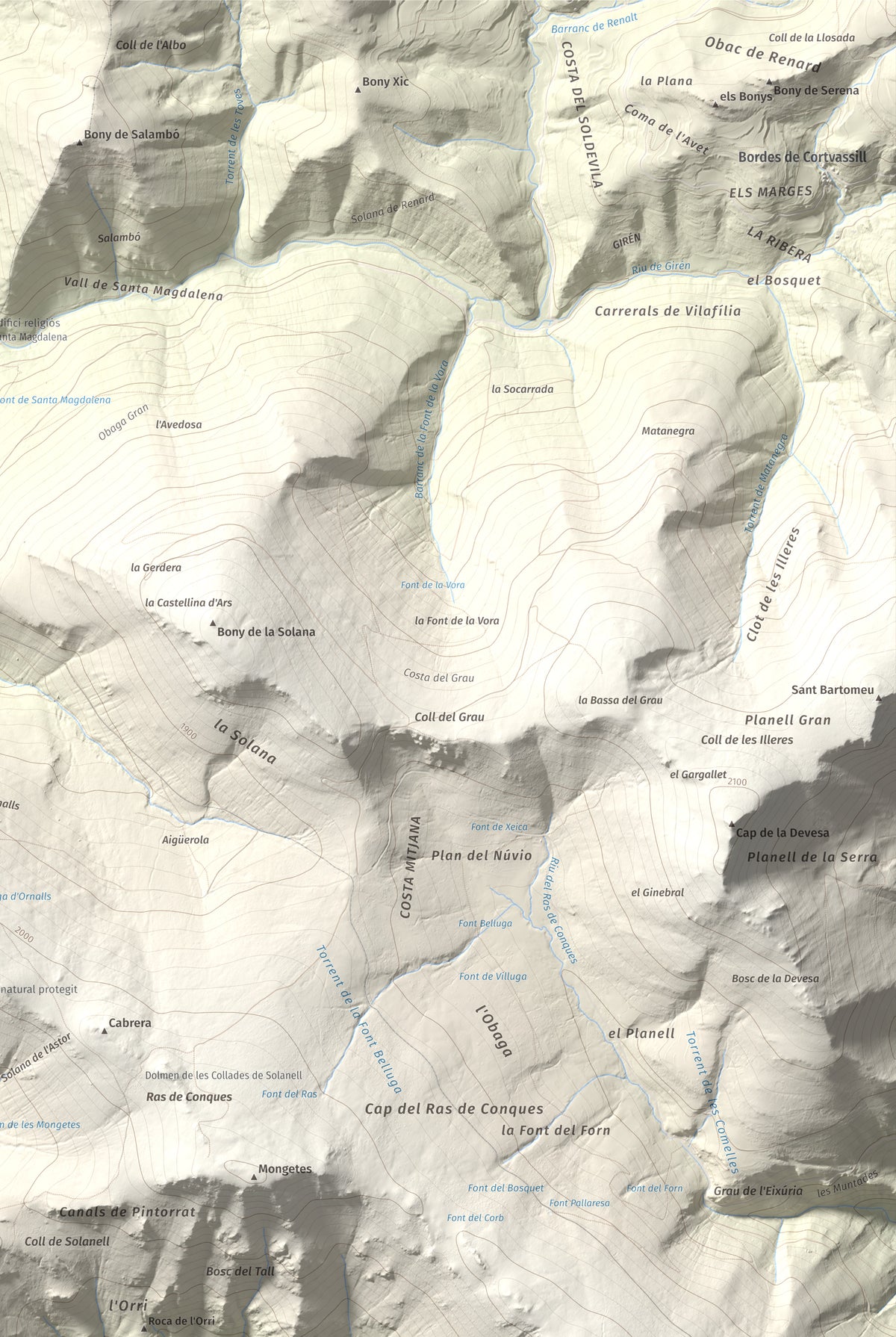 Mapa de relieve de Roc Roi, 2020 m, Alt Urgell, lámina 100 Cims de Trobart. Detalle de la zona superior derecha. 61 × 91 cm.