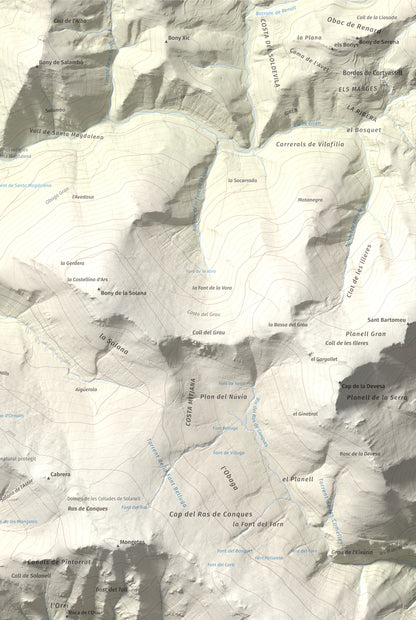 Mapa de relieve de Roc Roi, 2020 m, Alt Urgell, lámina 100 Cims de Trobart. Detalle de la zona superior derecha. 61 × 91 cm.