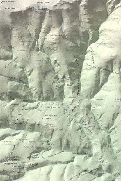 Mapa de relieve de Roc Roi, 2020 m, Alt Urgell, lámina 100 Cims de Trobart. Detalle de la zona inferior izquierda. 61 × 91 cm.