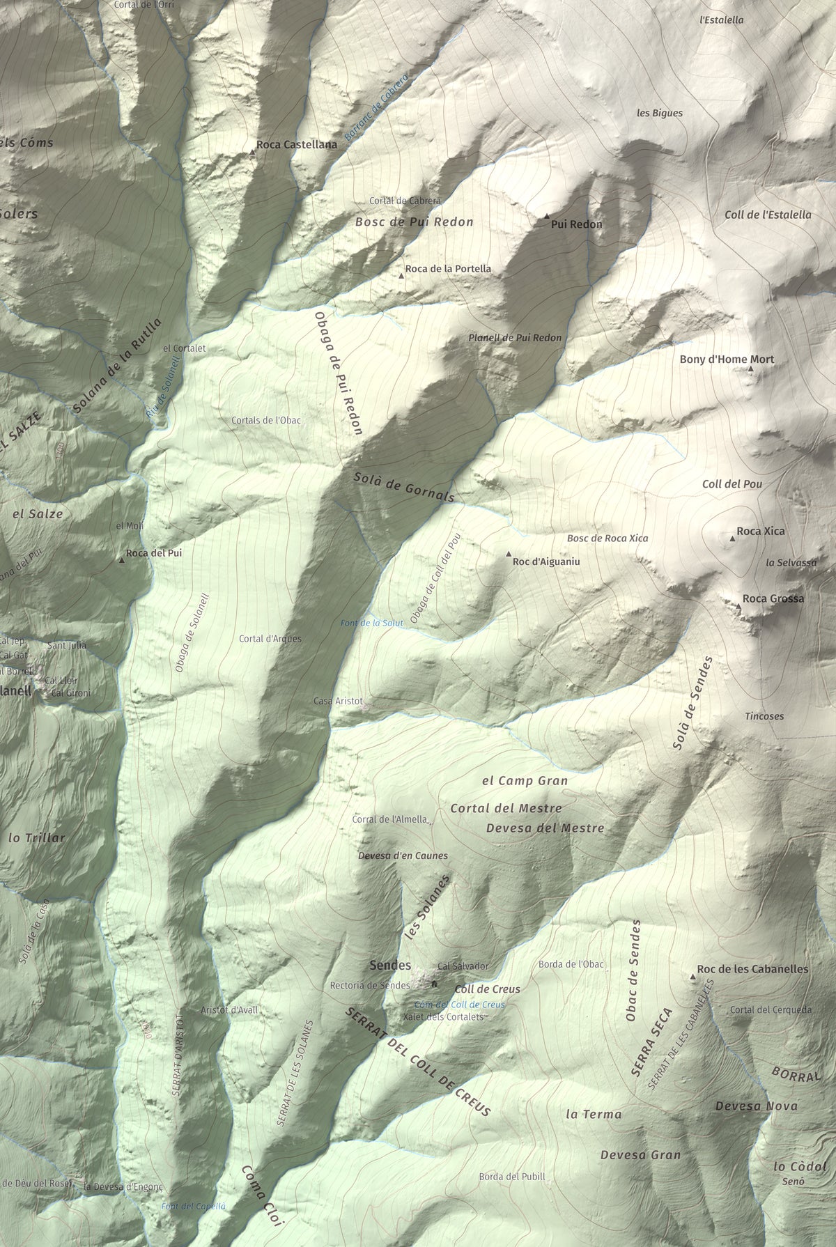 Mapa de relieve de Roc Roi, 2020 m, Alt Urgell, lámina 100 Cims de Trobart. Detalle de la zona inferior derecha. 61 × 91 cm.