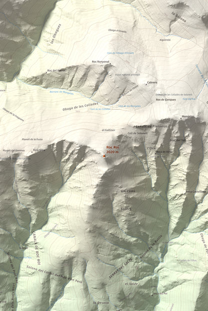 Mapa de relieve de Roc Roi, 2020 m, Alt Urgell, lámina 100 Cims de Trobart. Detalle de la zona central. 61 × 91 cm.