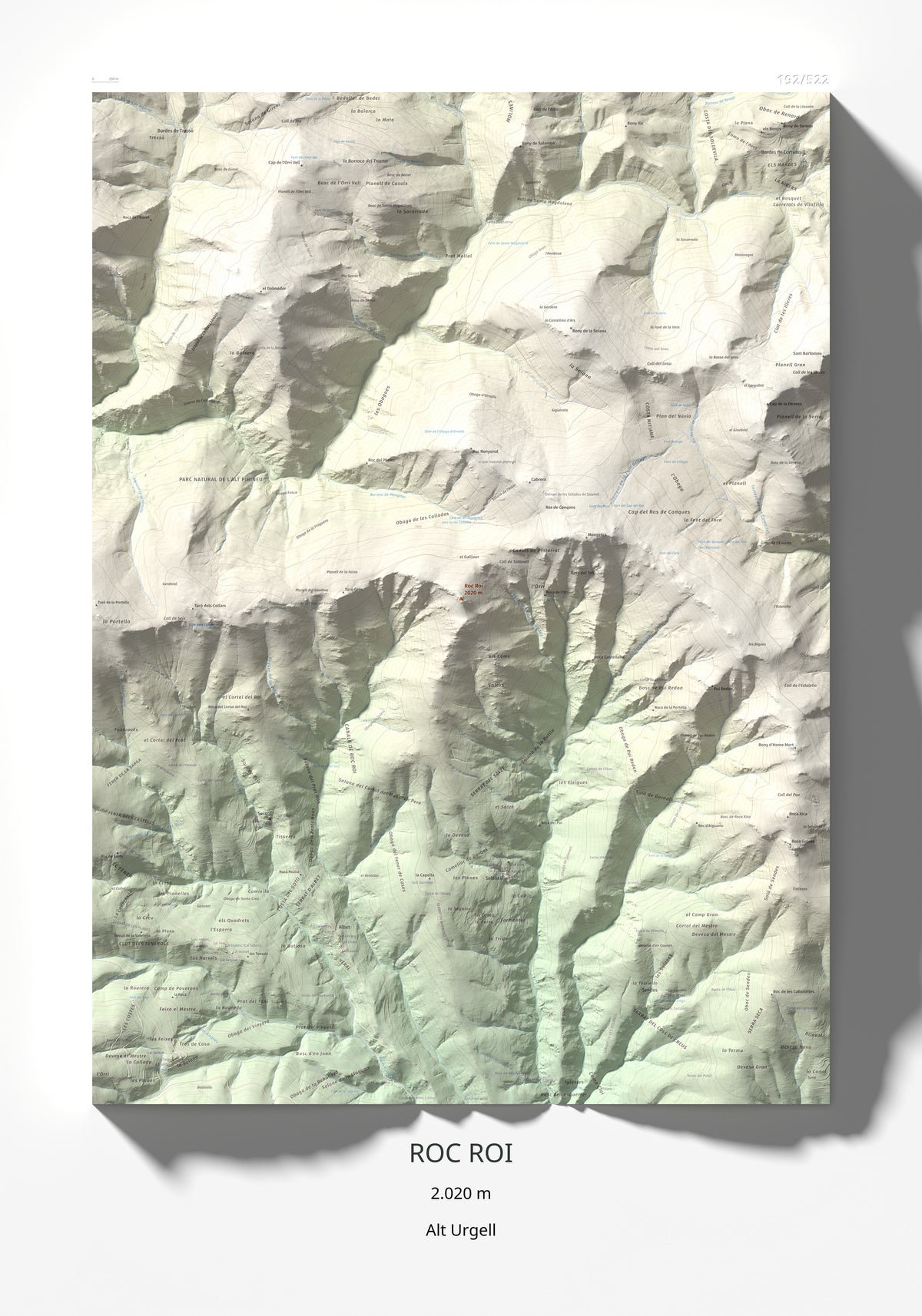 Mapa de relieve de Roc Roi, 2020 m, Alt Urgell, lámina 100 Cims de Trobart 70 × 100 cm.