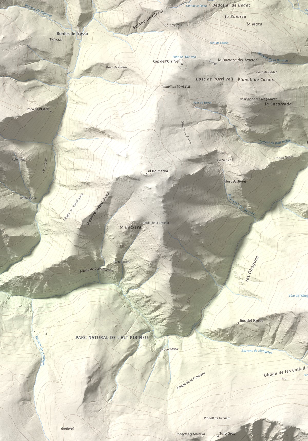 Mapa de relieve de Roc Roi, 2020 m, Alt Urgell, lámina 100 Cims de Trobart. Detalle de la zona superior izquierda. 70 × 100 cm.