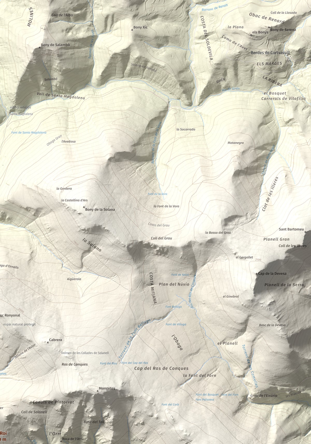Mapa de relieve de Roc Roi, 2020 m, Alt Urgell, lámina 100 Cims de Trobart. Detalle de la zona superior derecha. 70 × 100 cm.
