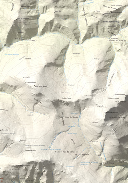Mapa de relieve de Roc Roi, 2020 m, Alt Urgell, lámina 100 Cims de Trobart. Detalle de la zona superior derecha. 70 × 100 cm.