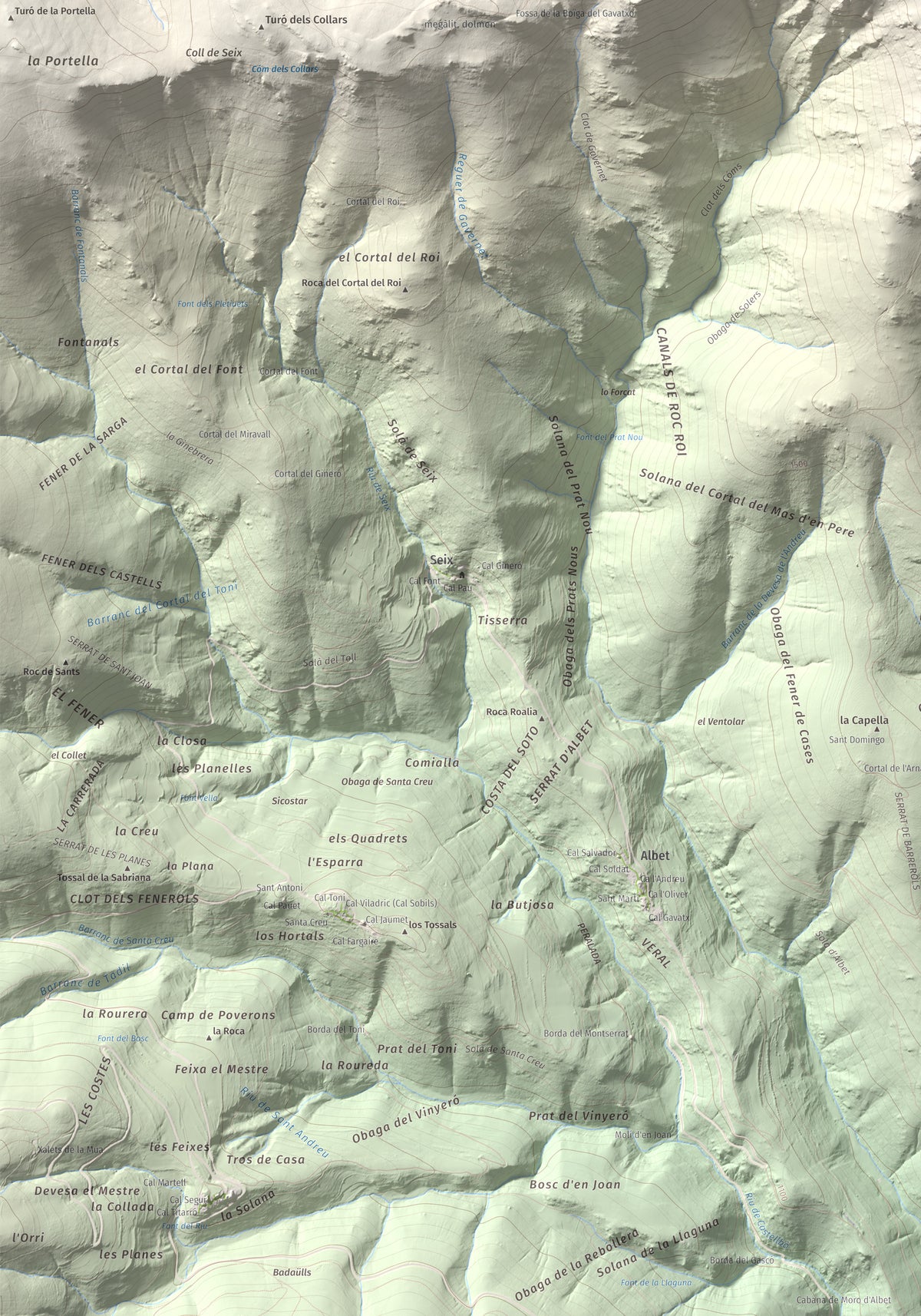 Mapa de relieve de Roc Roi, 2020 m, Alt Urgell, lámina 100 Cims de Trobart. Detalle de la zona inferior izquierda. 70 × 100 cm.