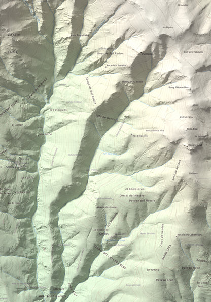 Mapa de relieve de Roc Roi, 2020 m, Alt Urgell, lámina 100 Cims de Trobart. Detalle de la zona inferior derecha. 70 × 100 cm.