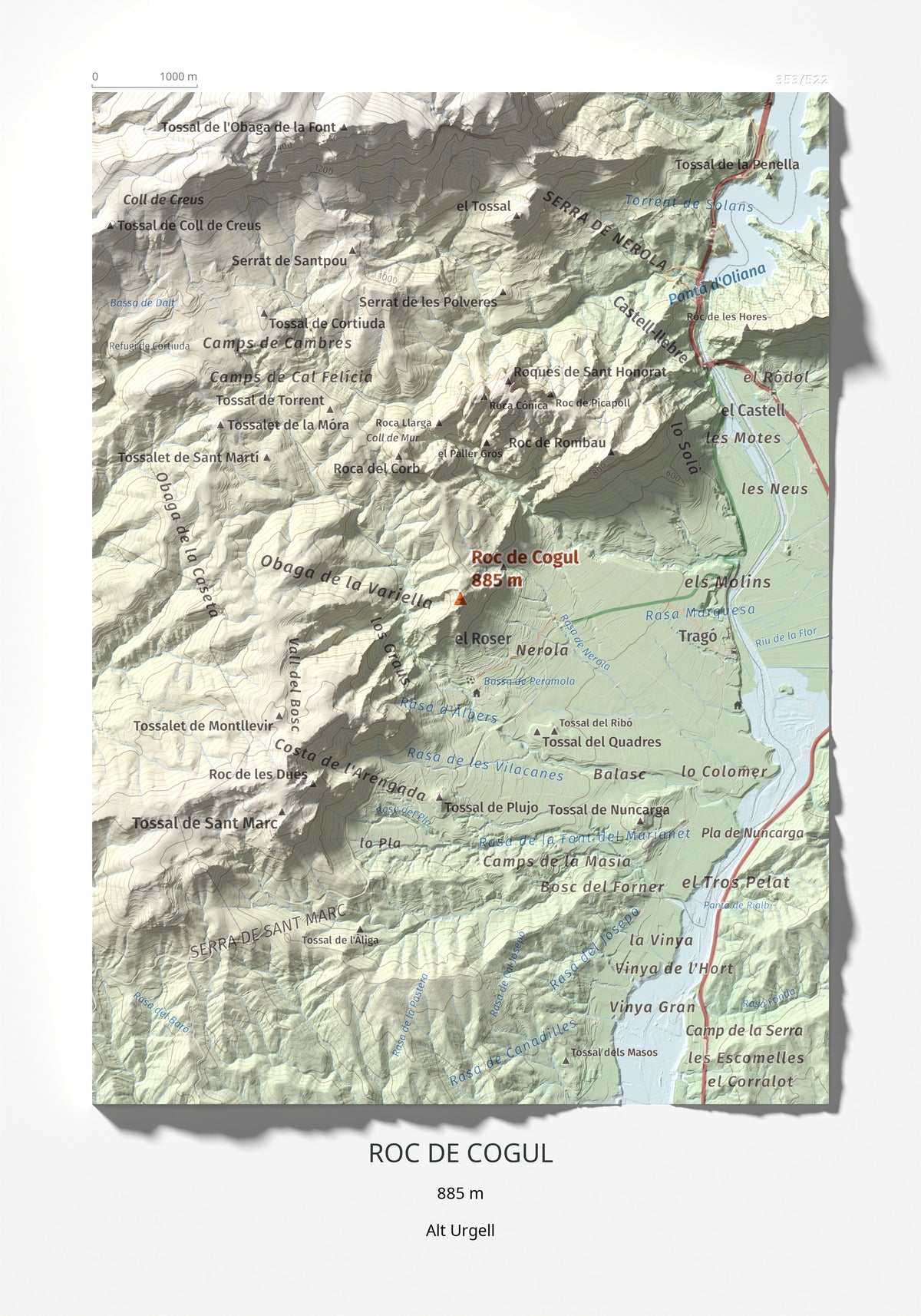 Mapa de relieve de Roc de Cogul, 885 m, Alt Urgell, lámina 100 Cims de Trobart 21 × 30 cm.