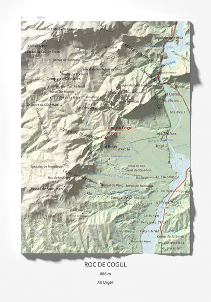 Mapa de relieve de Roc de Cogul, 885 m, Alt Urgell, lámina 100 Cims de Trobart 21 × 30 cm.