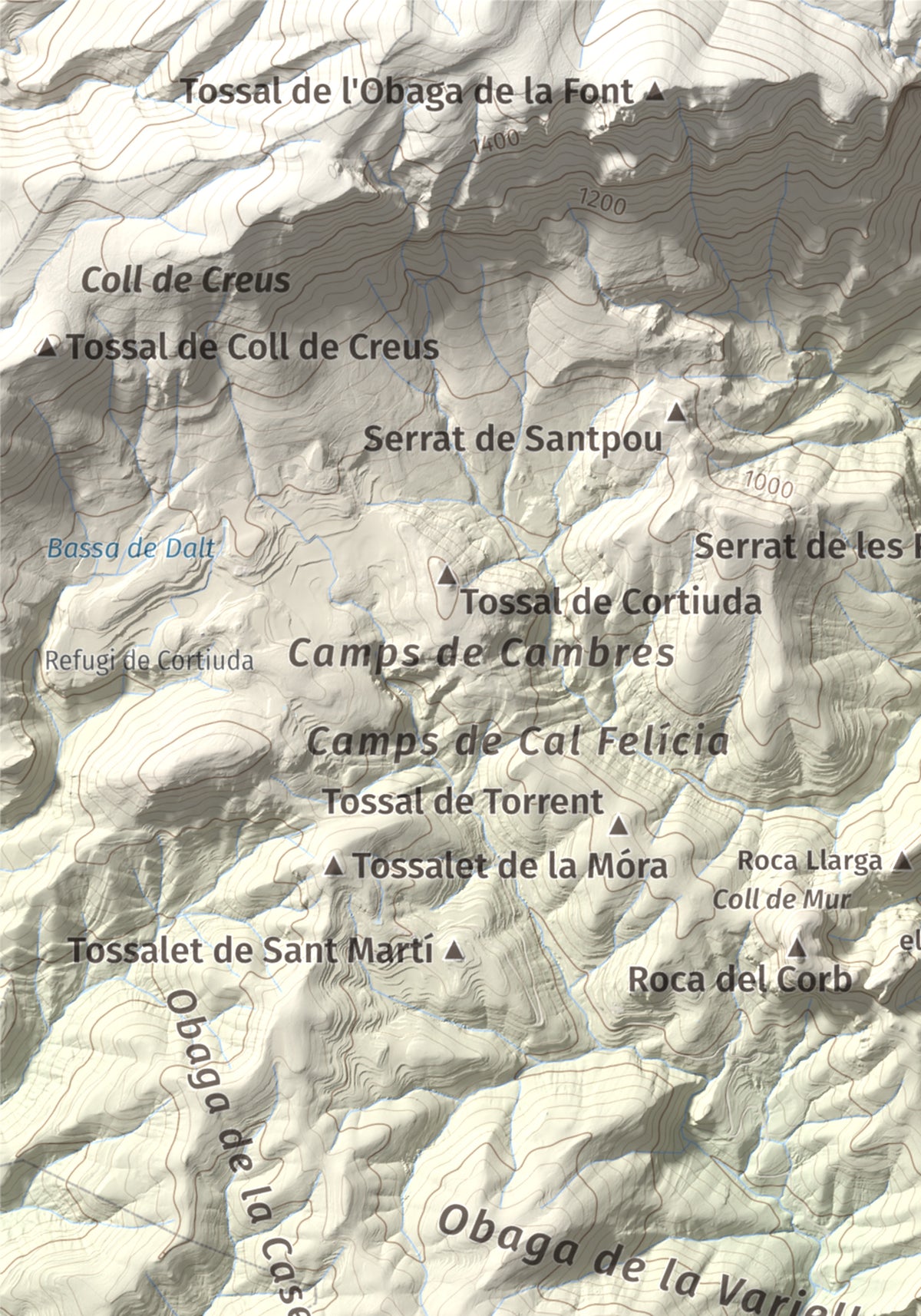 Mapa de relieve de Roc de Cogul, 885 m, Alt Urgell, lámina 100 Cims de Trobart. Detalle de la zona superior izquierda. 21 × 30 cm.