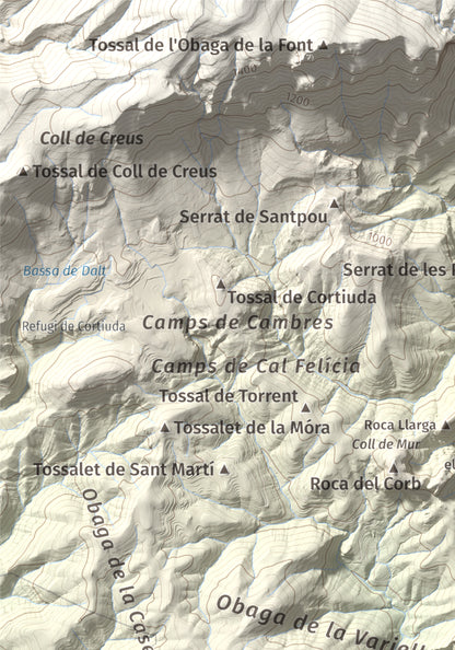 Mapa de relieve de Roc de Cogul, 885 m, Alt Urgell, lámina 100 Cims de Trobart. Detalle de la zona superior izquierda. 21 × 30 cm.