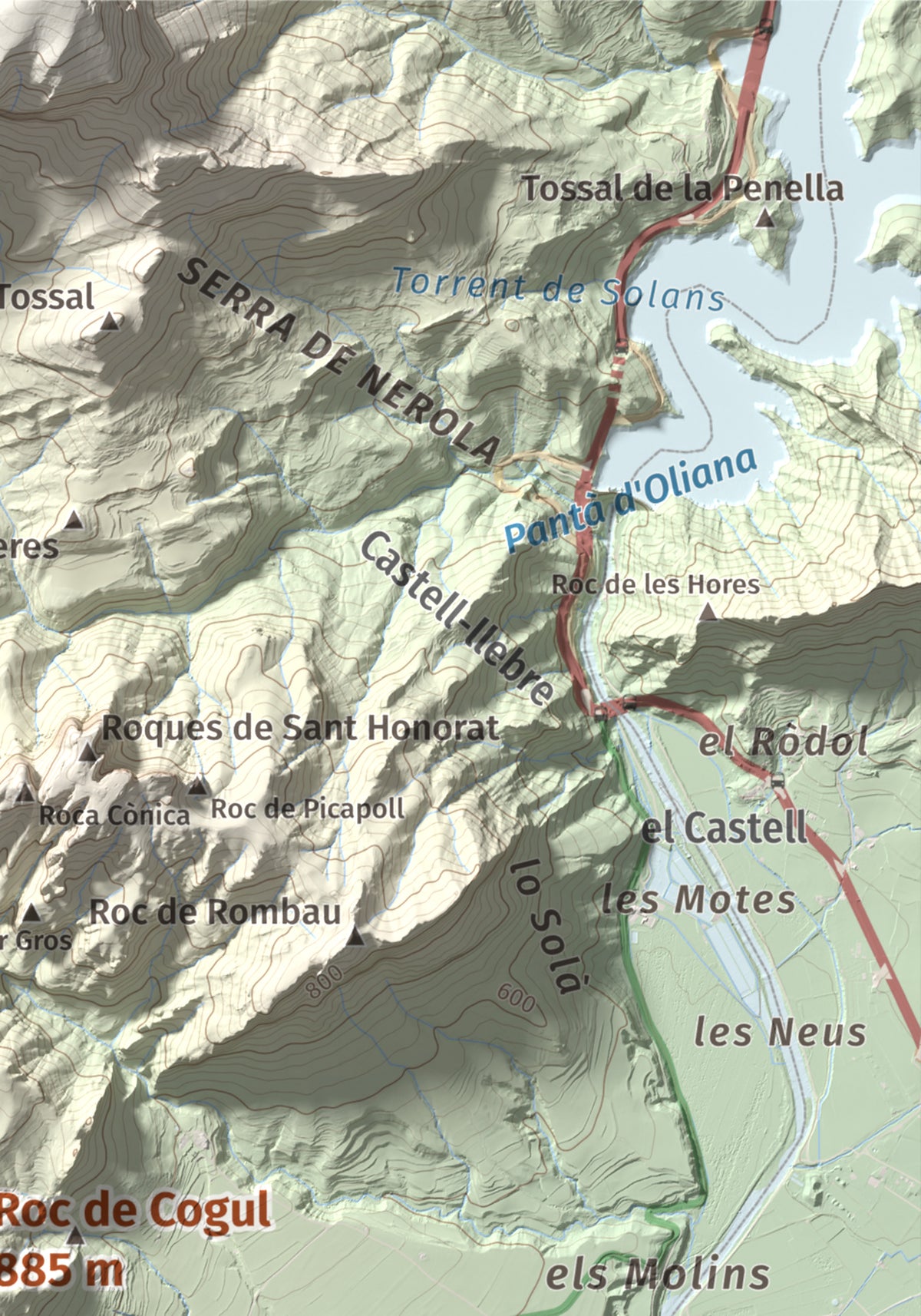 Mapa de relieve de Roc de Cogul, 885 m, Alt Urgell, lámina 100 Cims de Trobart. Detalle de la zona superior derecha. 21 × 30 cm.