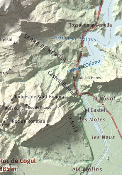 Mapa de relieve de Roc de Cogul, 885 m, Alt Urgell, lámina 100 Cims de Trobart. Detalle de la zona superior derecha. 21 × 30 cm.