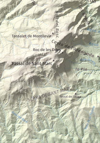 Mapa de relieve de Roc de Cogul, 885 m, Alt Urgell, lámina 100 Cims de Trobart. Detalle de la zona inferior izquierda. 21 × 30 cm.