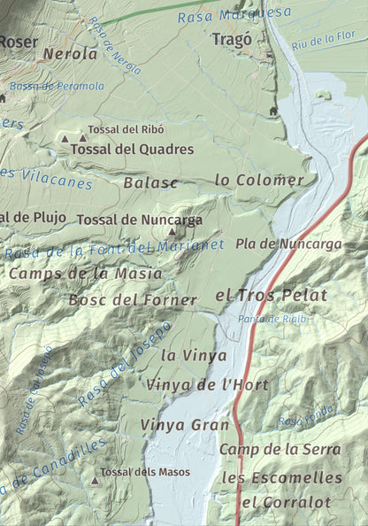 Mapa de relieve de Roc de Cogul, 885 m, Alt Urgell, lámina 100 Cims de Trobart. Detalle de la zona inferior derecha. 21 × 30 cm.