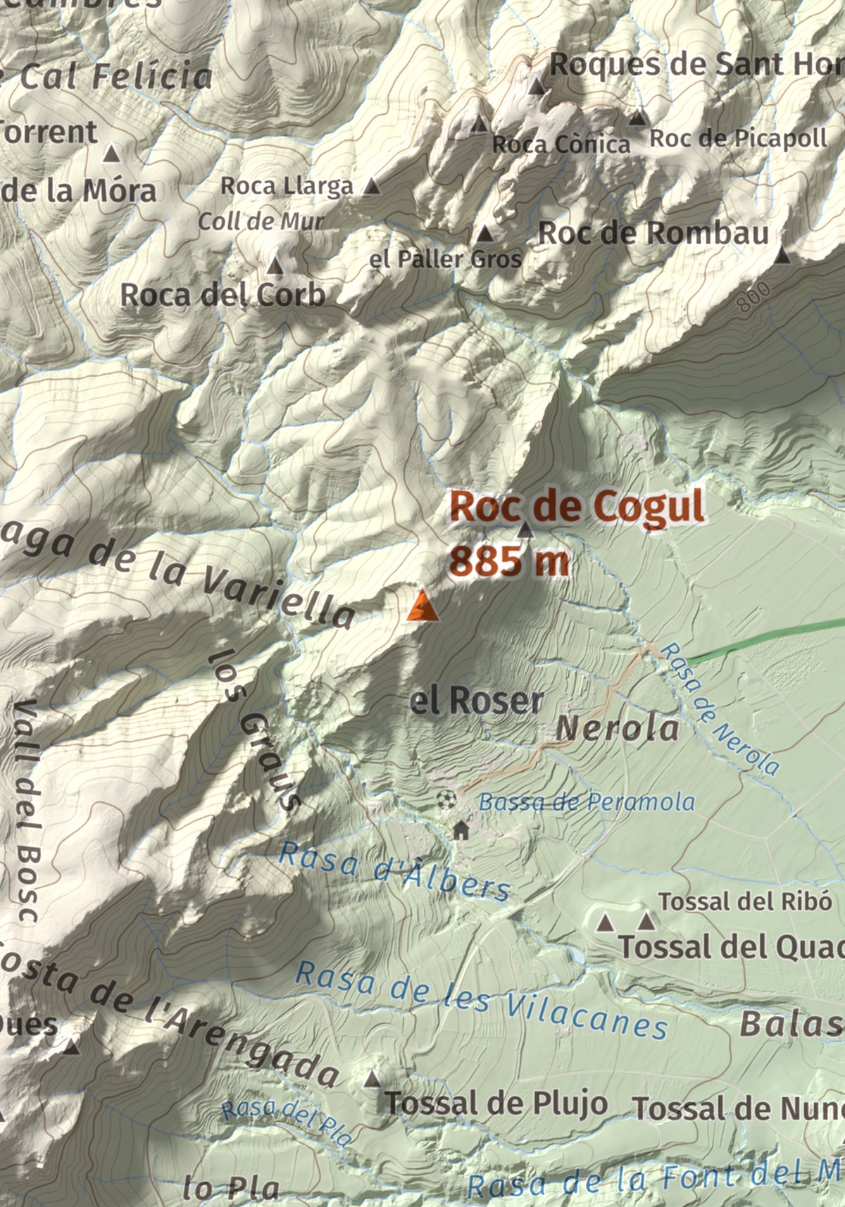 Mapa de relieve de Roc de Cogul, 885 m, Alt Urgell, lámina 100 Cims de Trobart. Detalle de la zona central. 21 × 30 cm.