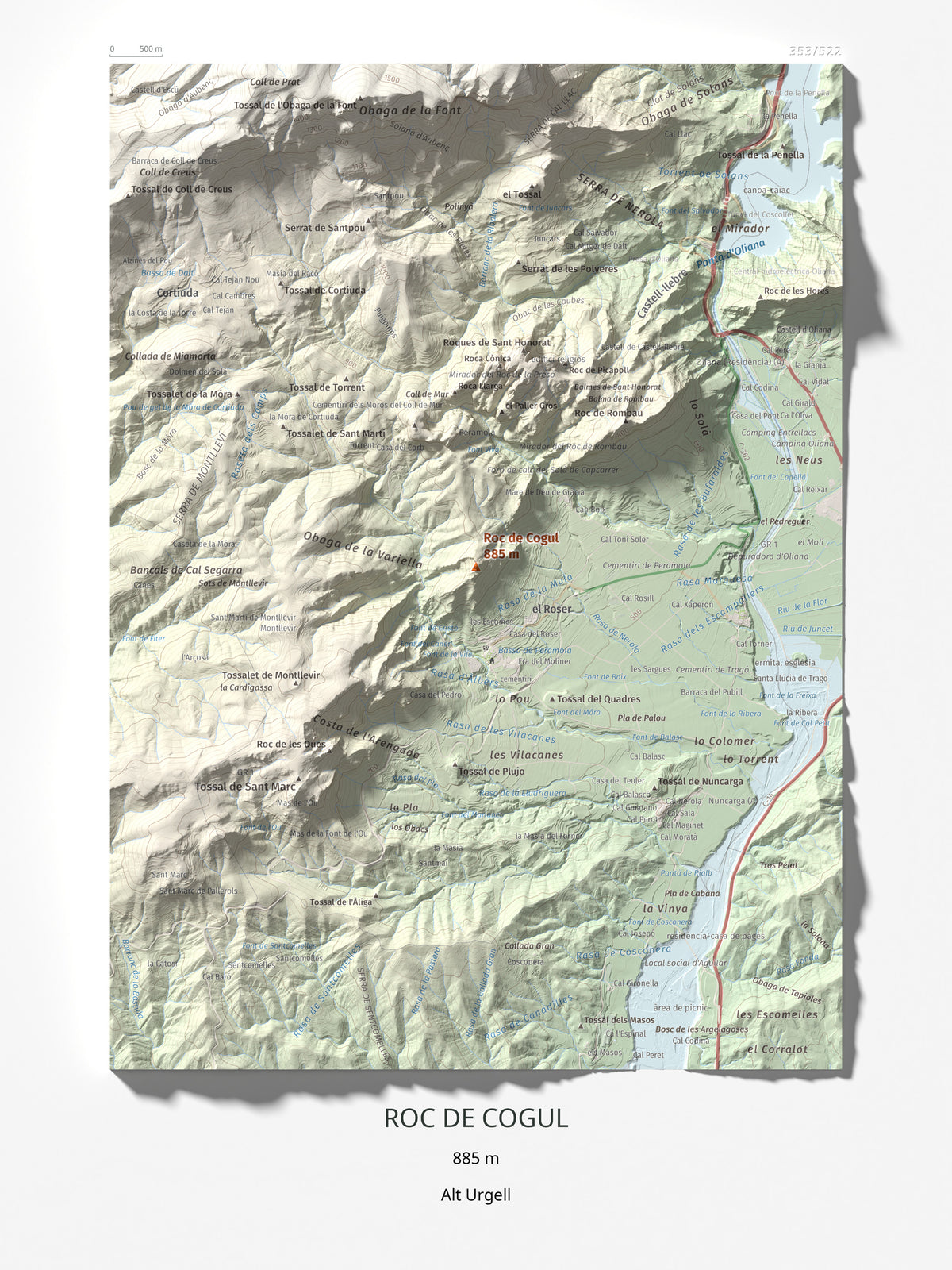 Mapa de relieve de Roc de Cogul, 885 m, Alt Urgell, lámina 100 Cims de Trobart 30 × 40 cm.