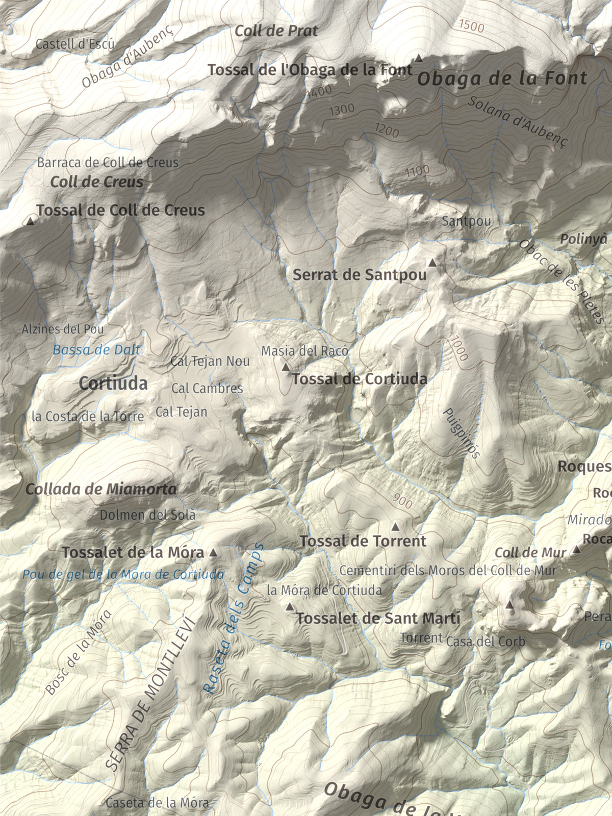 Mapa de relieve de Roc de Cogul, 885 m, Alt Urgell, lámina 100 Cims de Trobart. Detalle de la zona superior izquierda. 30 × 40 cm.