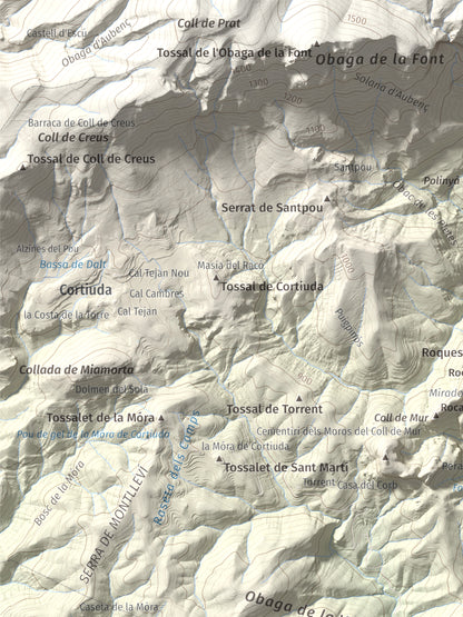 Mapa de relieve de Roc de Cogul, 885 m, Alt Urgell, lámina 100 Cims de Trobart. Detalle de la zona superior izquierda. 30 × 40 cm.